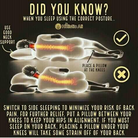 Did you know ? When you sleep using the correct posture ... use good neck support . Switch to side sleeping to minimize your risk of back pain . For further relief : Put a pillow between your knees to keep your hips in alignement . if you must sleep on your back . Placing a pillow under your knees will take some strain off of your back . @holisticali  #back #BackPain #DidYouKnow @latlet.com #Sleep @sleep