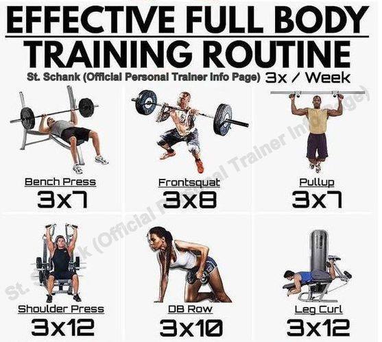 Effective full body training routine @St.Schank . 3 times a week , Bench Press , FrontSquat , Pullup , Shoulder Press , DB Row , Leg Curt