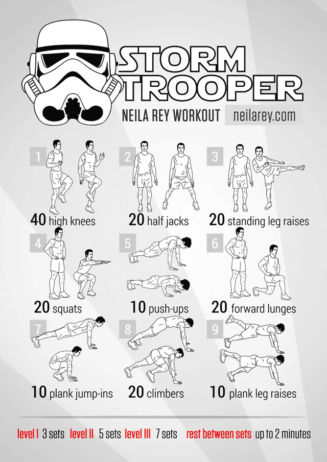 StarWars Storm trooper Workout #HomeWorkout #Workout #StarWars #StormTrooper #Fitness - High Knees - Half Jacks - Standing Leg raises - Squats - Push-Ups - Forward lunges - Plank - Climbers
