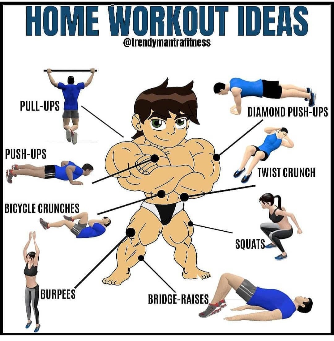 Home workout ideas #Home #Workout #ideas #HomeWorkout #WorkoutIdeas - pull-ups - diamong push-ups - push-ups - Twist crunch - bicycle crunches - squats - burpees - bridge raises #Fitness #Sport #Home #Workout #for #whole #body