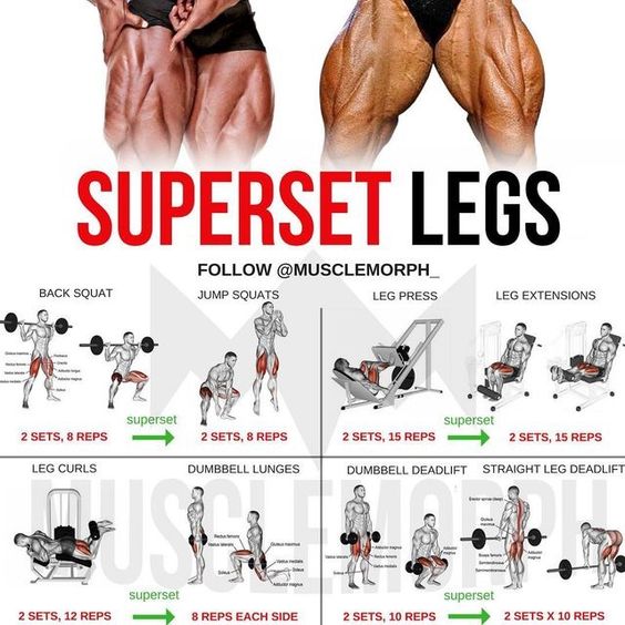 Legs day - Superset legs - Back Squat - jump squats - leg press - leg extensions - leg curl - dumbbell lunges - dumbbell deadlift - straight leg deadlift