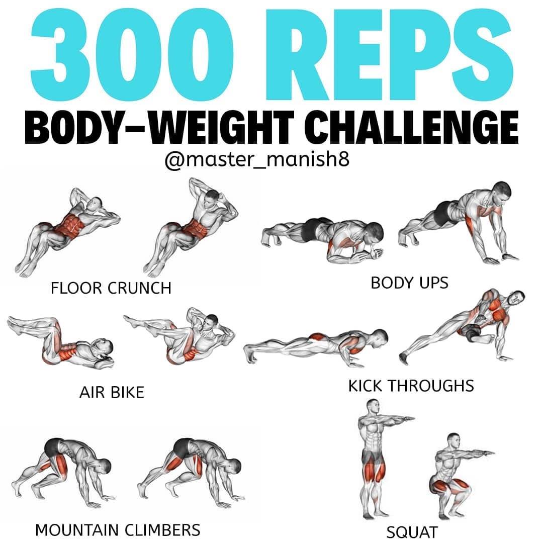 🔽300 REPS BODY-WEIGHT CHALLENGE ✅  🔽 WORKOUT 👇 Floor Crunch 50 ✔ Body Ups 50 ✔ Air Bike 50 ✔ Kick Through 50 ✔ Mountain Climber 50 ✔ Squat 50 ✔ #bodyweightworkout #bodyweighttraining #homeworkouts #coronahomeworkout #stayhealthy #stayhome #bodyweightworkouts #fitnessforlife #homeexercises #master_manish8